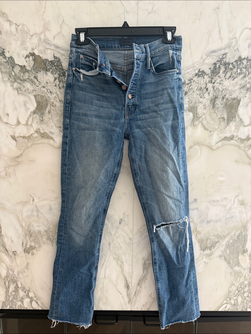 MOTHER pixie dazzler ankle fray Mid-Blue Straight-Leg Jeans